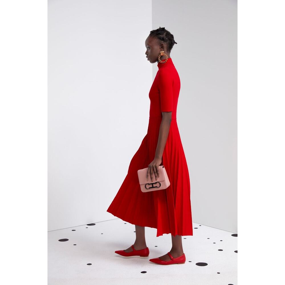 CAROLINA HERRERA Lacquer Red Mock Neck Pleated Midi Fit Dress size XL NWT